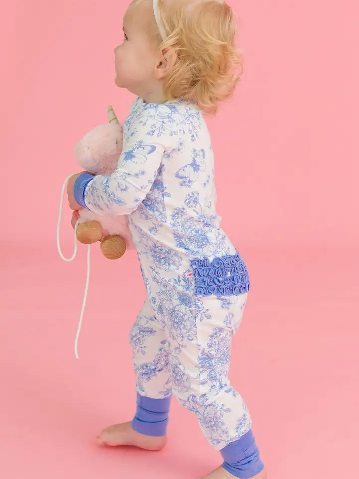 Baby Girls Periwinkle Blue Butterfly Garden Toile Bamboo Viscose Convertible Ruffle One Piece Footie Pajama