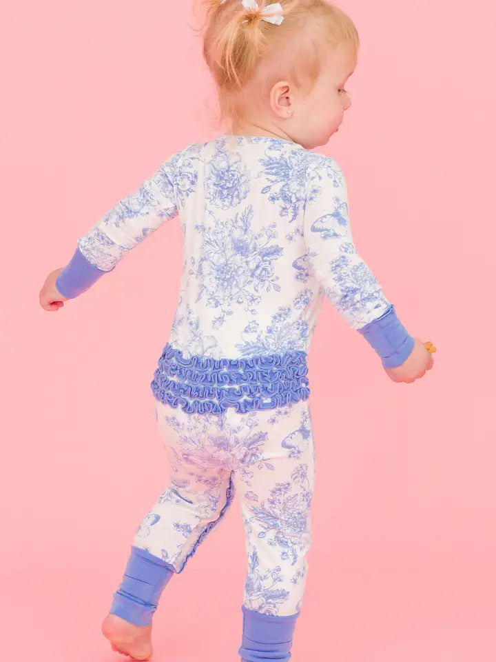 Baby Girls Periwinkle Blue Butterfly Garden Toile Bamboo Viscose Convertible Ruffle One Piece Footie Pajama