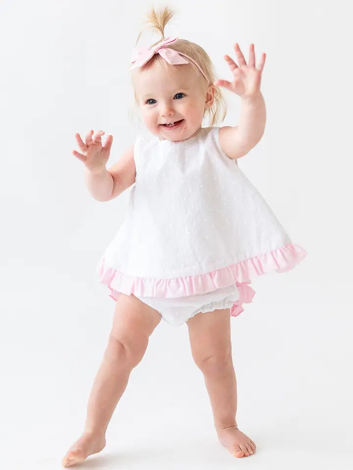 Baby Girls White and Pink Swiss Dot Swing Top & Bloomer Set