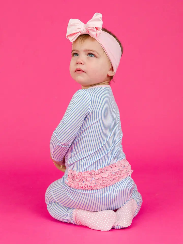 Baby Girls Periwinkle & White Micro Stripe Bamboo Viscose Footed Ruffle One Piece Pajama