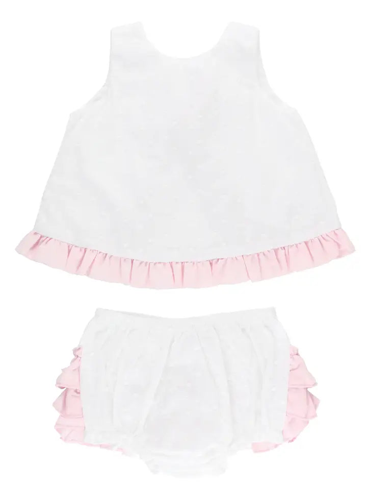 Baby Girls White and Pink Swiss Dot Swing Top & Bloomer Set