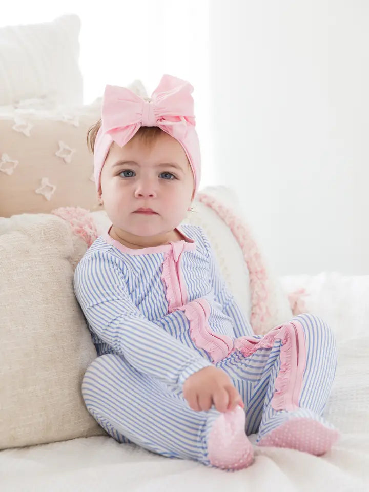 Baby Girls Periwinkle & White Micro Stripe Bamboo Viscose Footed Ruffle One Piece Pajama