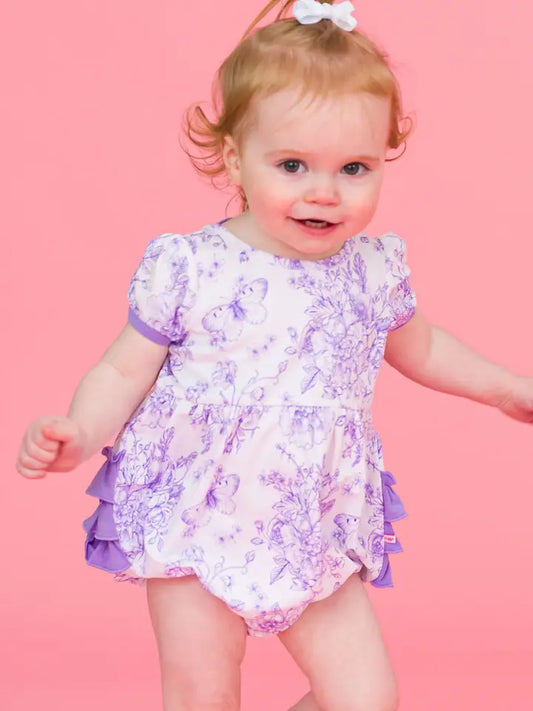 Baby Girls Wisteria Purple Butterfly Garden Toile Puff Short Sleeve Bow Bubble Romper