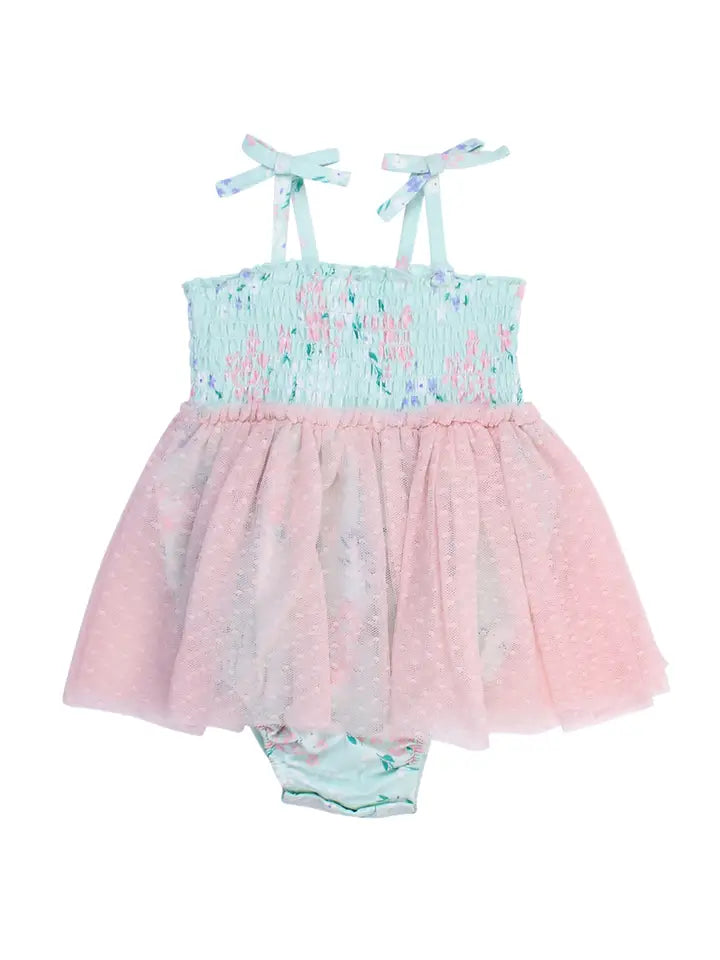 Baby Girls Mint Meadow Tie Smocked Tulle Skirted Romper