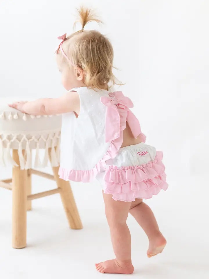 Baby Girls White and Pink Swiss Dot Swing Top & Bloomer Set