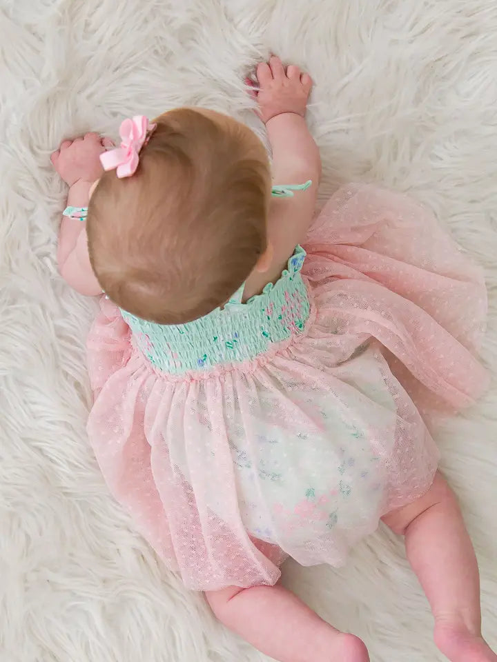 Baby Girls Mint Meadow Tie Smocked Tulle Skirted Romper
