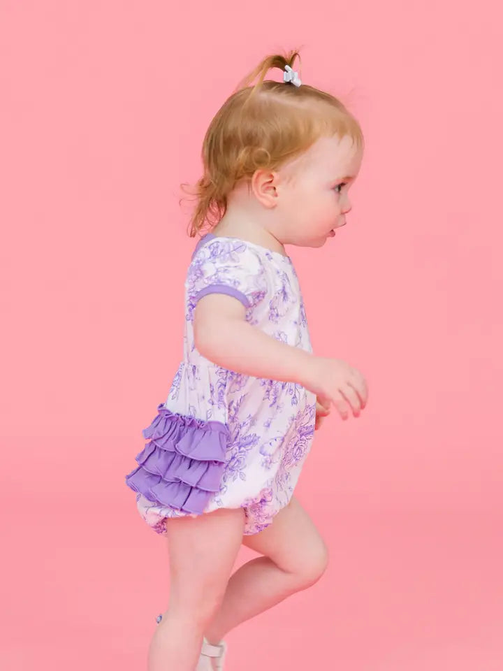 Baby Girls Wisteria Purple Butterfly Garden Toile Puff Short Sleeve Bow Bubble Romper