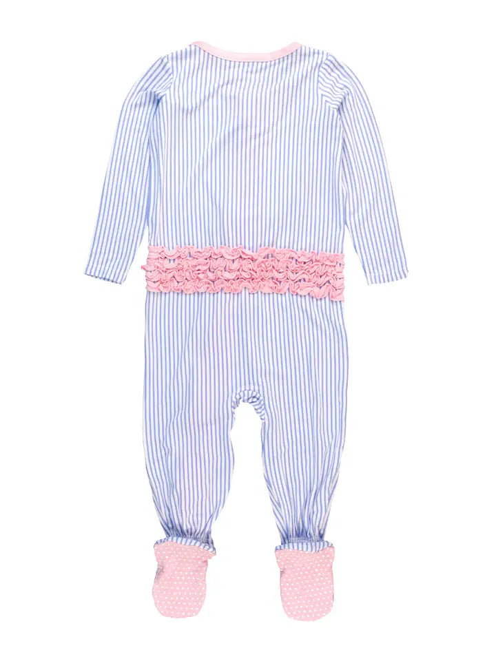Baby Girls Periwinkle & White Micro Stripe Bamboo Viscose Footed Ruffle One Piece Pajama