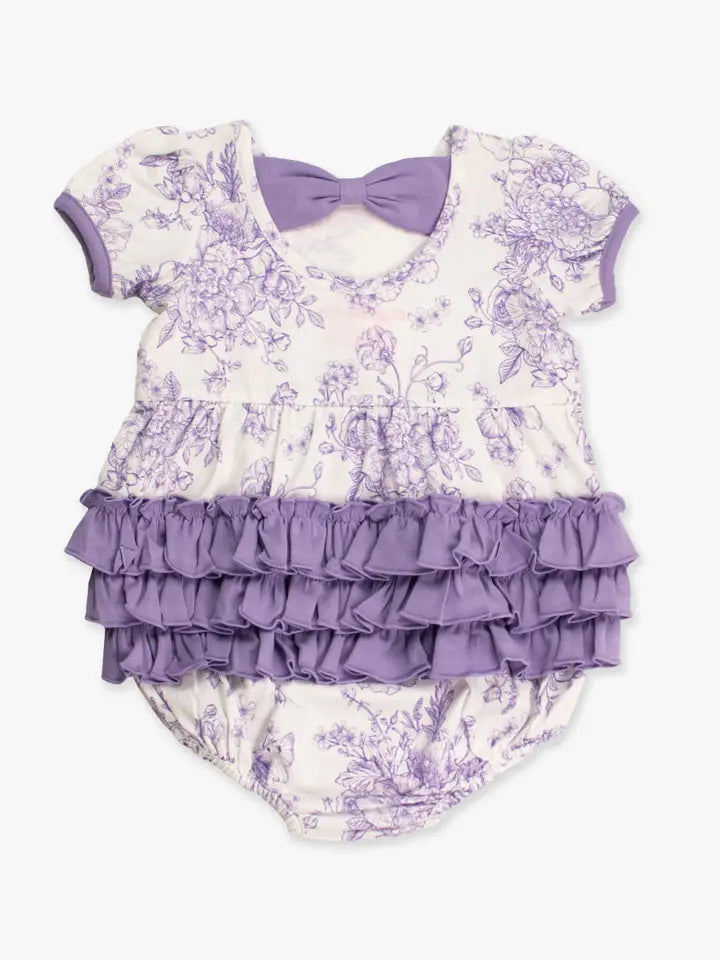 Baby Girls Wisteria Purple Butterfly Garden Toile Puff Short Sleeve Bow Bubble Romper