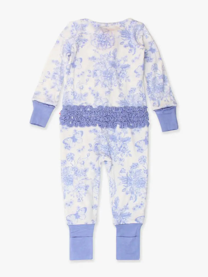 Baby Girls Periwinkle Blue Butterfly Garden Toile Bamboo Viscose Convertible Ruffle One Piece Footie Pajama