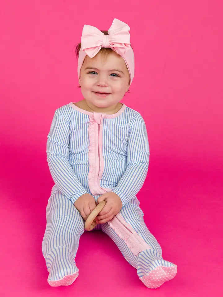 Baby Girls Periwinkle & White Micro Stripe Bamboo Viscose Footed Ruffle One Piece Pajama