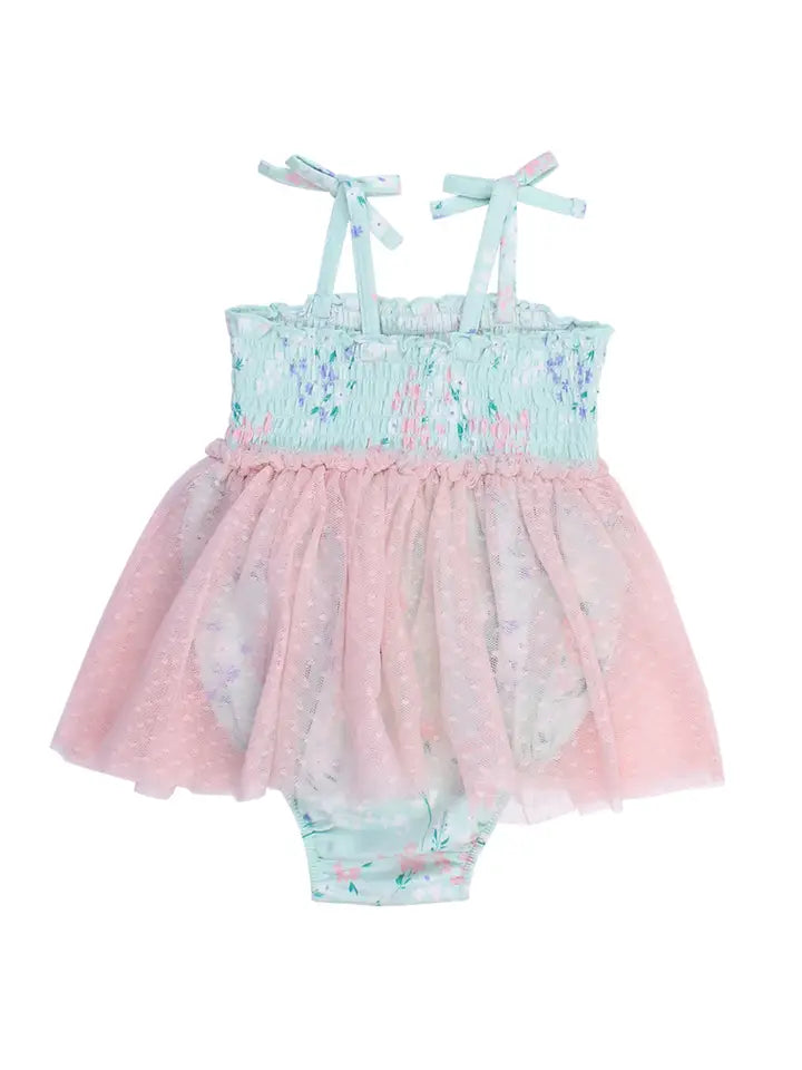 Baby Girls Mint Meadow Tie Smocked Tulle Skirted Romper