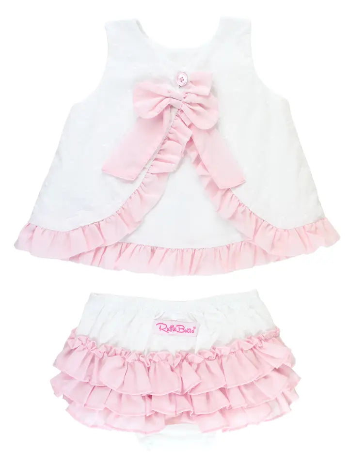 Baby Girls White and Pink Swiss Dot Swing Top & Bloomer Set