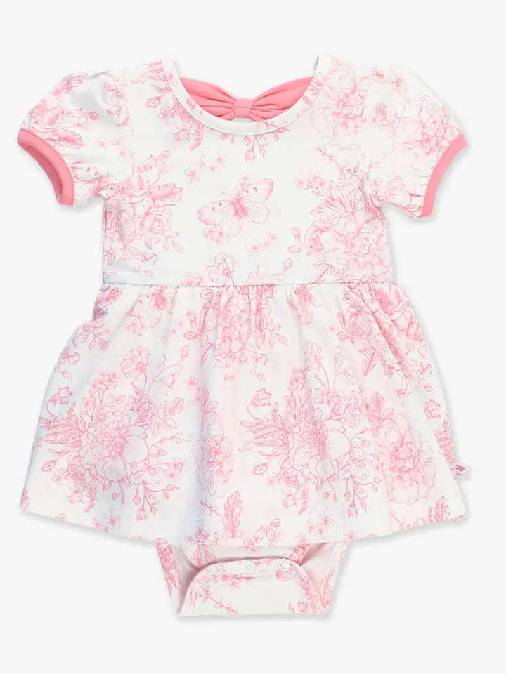 Baby Girls Bubblegum Pink Butterfly Garden Toile Short Sleeve Bow Twirl Romper