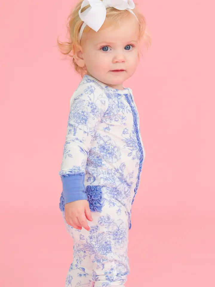 Baby Girls Periwinkle Blue Butterfly Garden Toile Bamboo Viscose Convertible Ruffle One Piece Footie Pajama