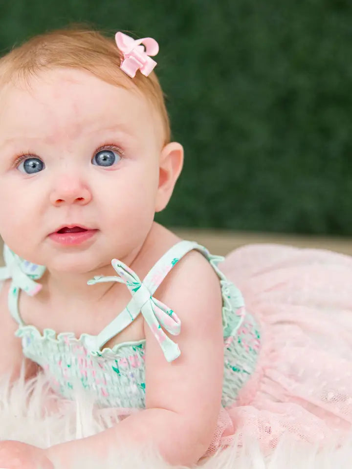Baby Girls Mint Meadow Tie Smocked Tulle Skirted Romper
