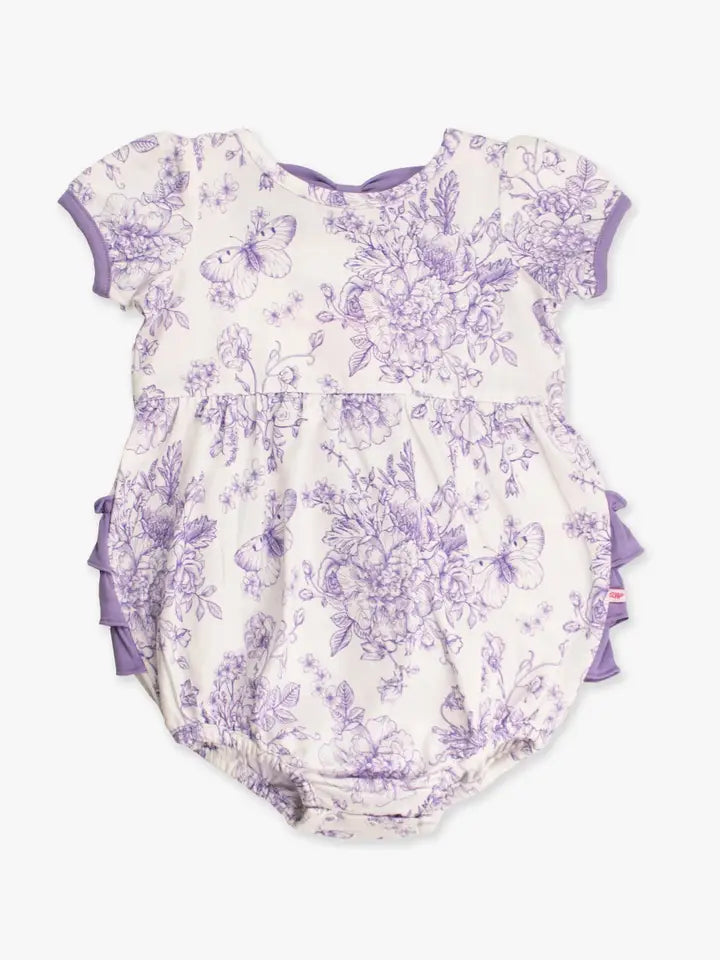 Baby Girls Wisteria Purple Butterfly Garden Toile Puff Short Sleeve Bow Bubble Romper