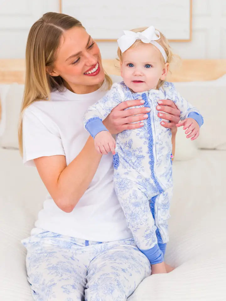 Baby Girls Periwinkle Blue Butterfly Garden Toile Bamboo Viscose Convertible Ruffle One Piece Footie Pajama