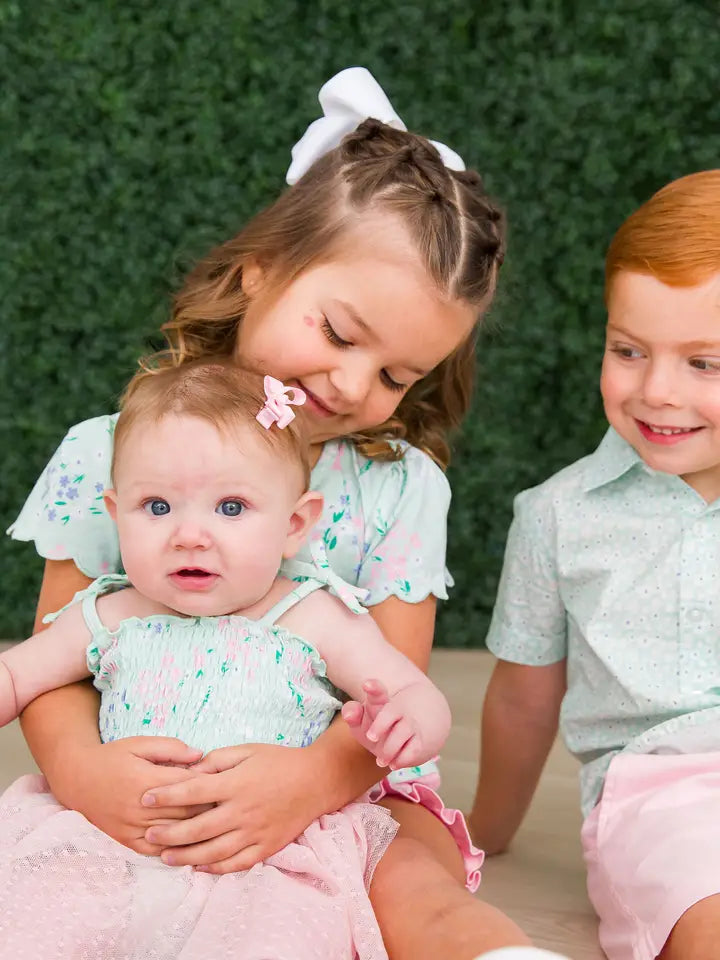 Baby Girls Mint Meadow Tie Smocked Tulle Skirted Romper
