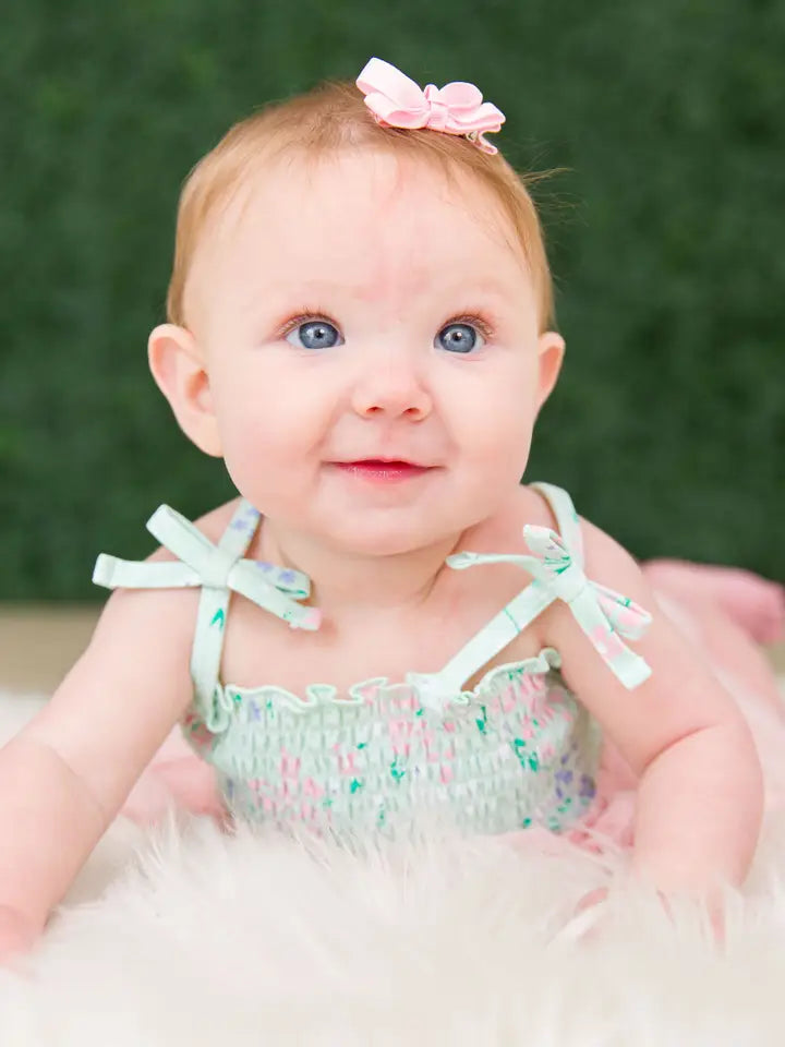 Baby Girls Mint Meadow Tie Smocked Tulle Skirted Romper